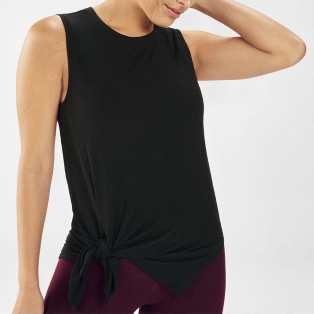 Fabletics Alia Tied Tank Black Silky Soft Jersey Fabric Tunic Length Relaxed Fit